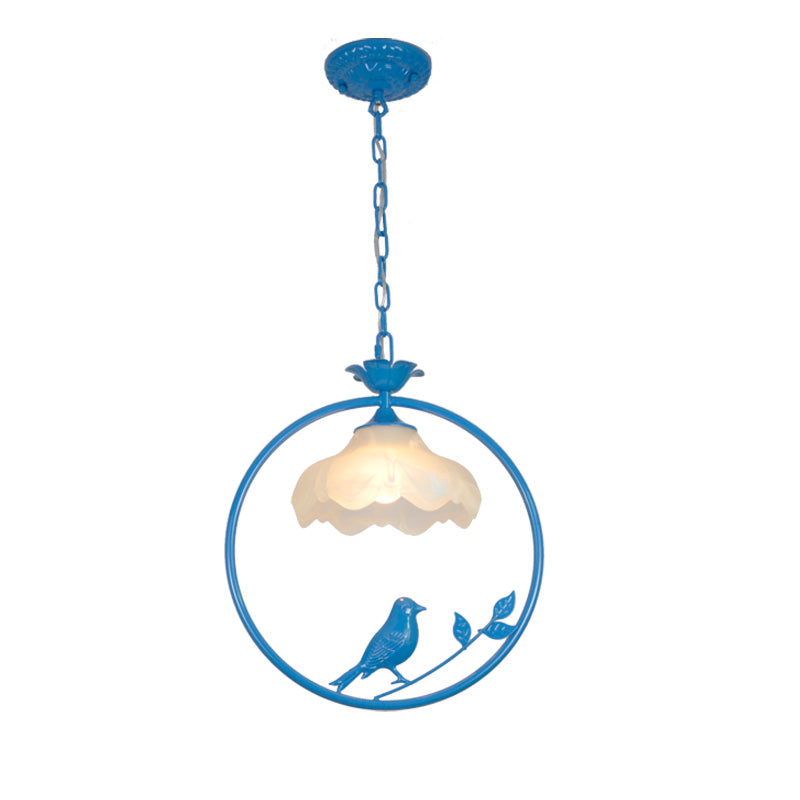 Classic Round Pendant Lighting 1 Light Metal Hanging Light Fixture in Black/White/Pink with Scalloped Shade