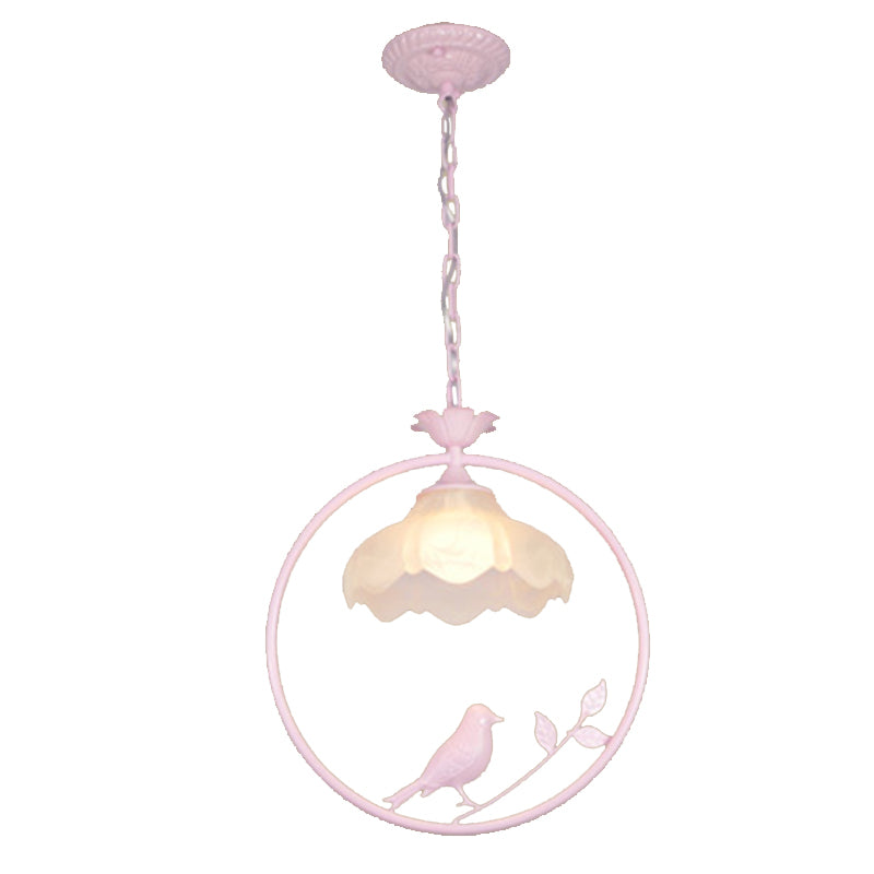 Classic Round Pendant Lighting 1 Light Metal Hanging Light Fixture in Black/White/Pink with Scalloped Shade