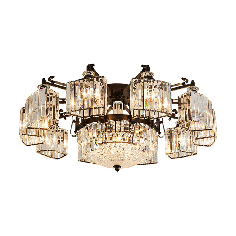 Clear Crystal Radial Flush Chandelier Traditional Living Room Semi Flush Mount Light in Black