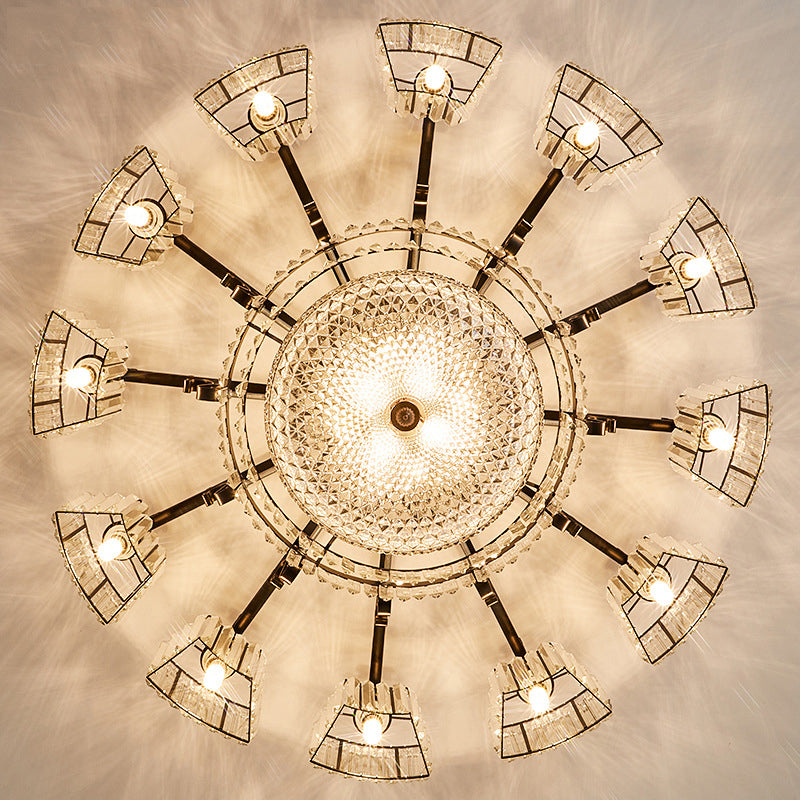 Clear Crystal Radial Flush Chandelier Traditional Living Room Semi Flush Mount Light in Black