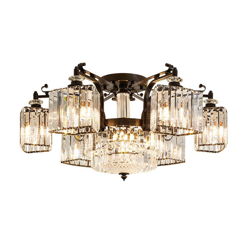 Clear Crystal Radial Flush Chandelier Traditional Living Room Semi Flush Mount Light in Black
