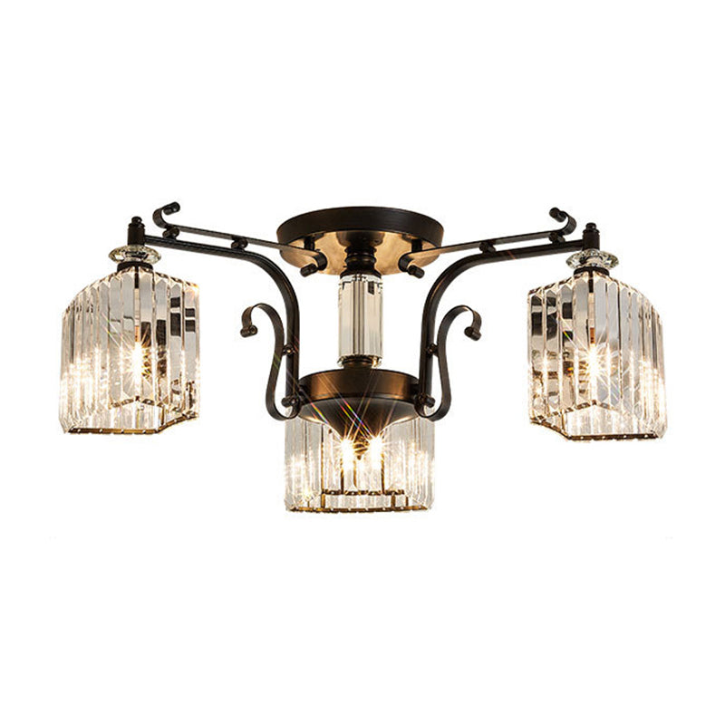 Clear Crystal Radial Flush Chandelier Traditional Living Room Semi Flush Mount Light in Black