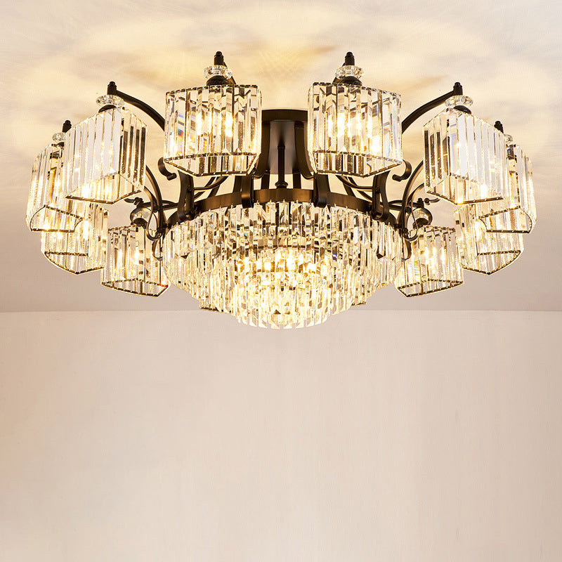 Tiered Living Room Ceiling Light Retro Clear Crystal Black Semi Flush Chandelier