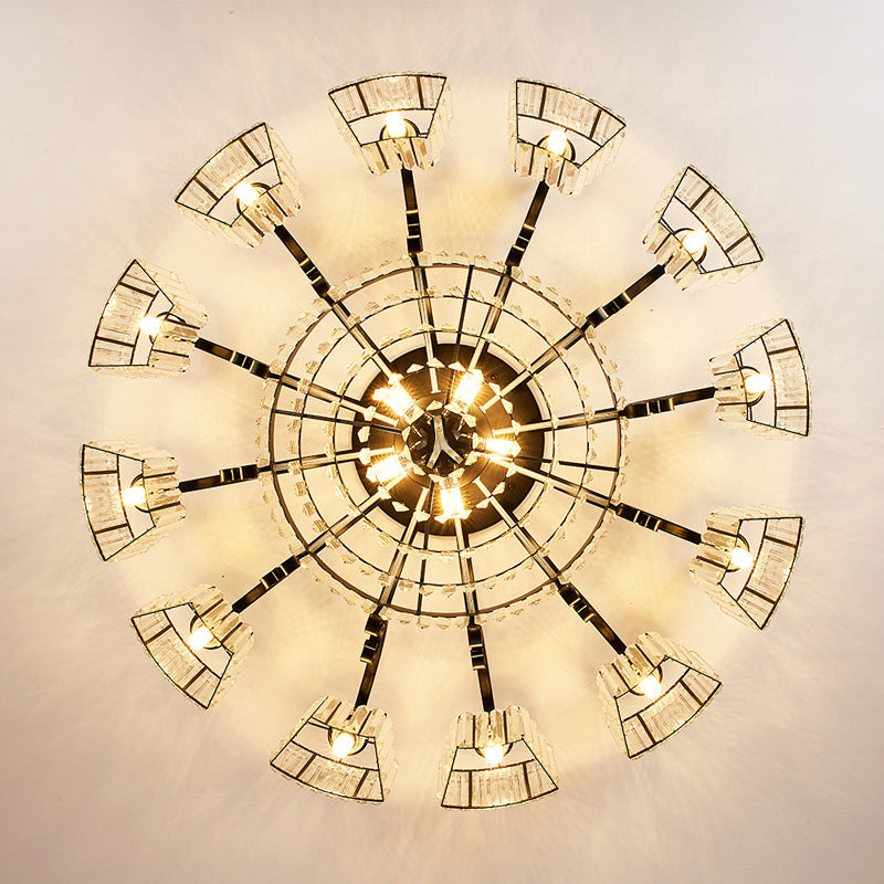 Tiered Living Room Ceiling Light Retro Clear Crystal Black Semi Flush Chandelier