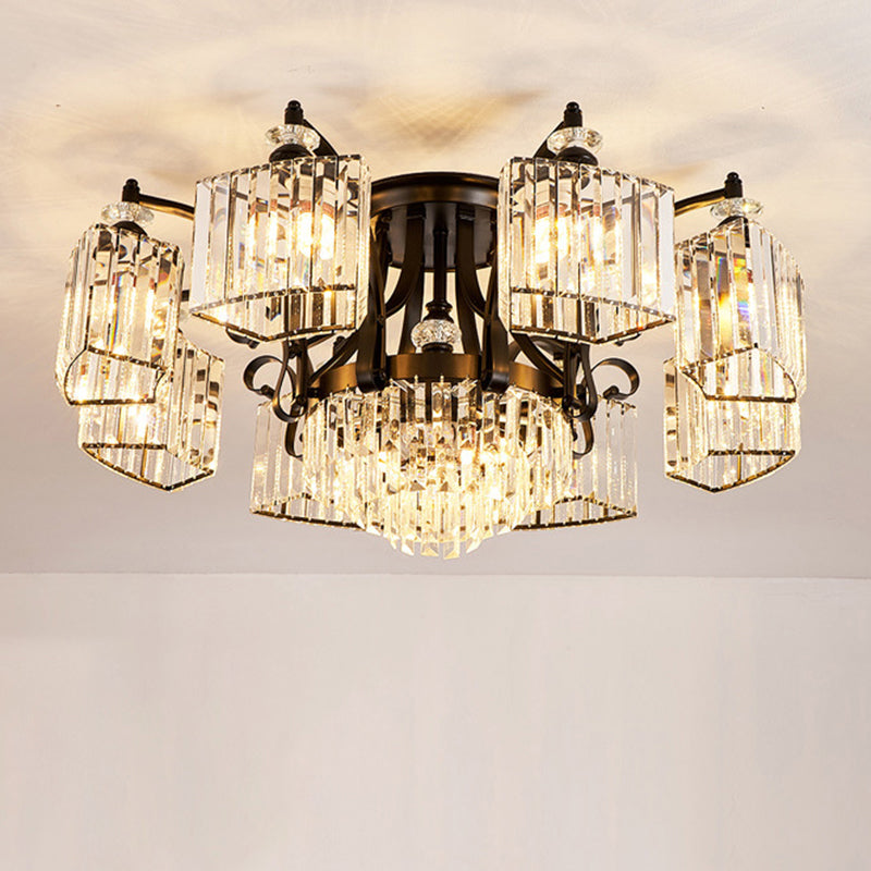 Tiered Living Room Ceiling Light Retro Clear Crystal Black Semi Flush Chandelier
