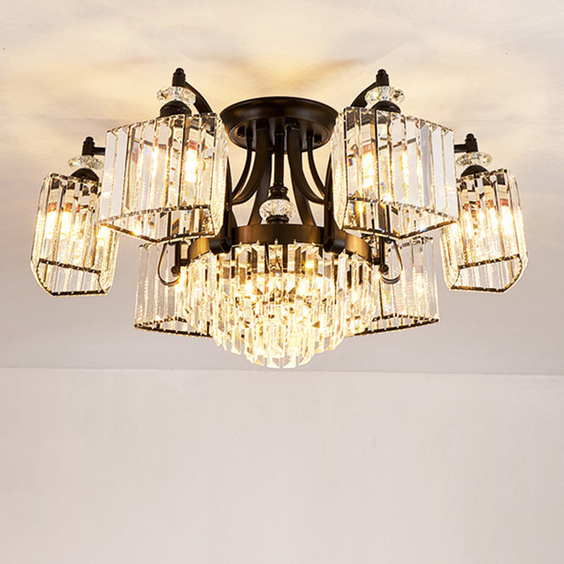 Tiered Living Room Ceiling Light Retro Clear Crystal Black Semi Flush Chandelier