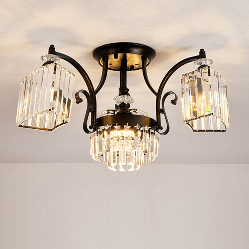 Tiered Living Room Ceiling Light Retro Clear Crystal Black Semi Flush Chandelier
