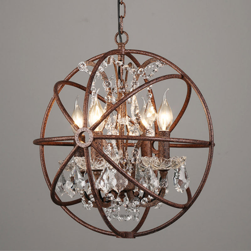 Iron à fer forgé SPHERIQUE PENDANT RUSTIC RUSTIC 4-LIGHT RETRAIT LUMIÈRE DE CRISTAL DÉCO