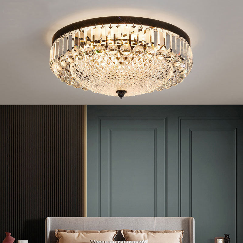Dome Shaped Ceiling Lighting Modern Cut-Crystal Black Flush Mount Lamp for Bedroom