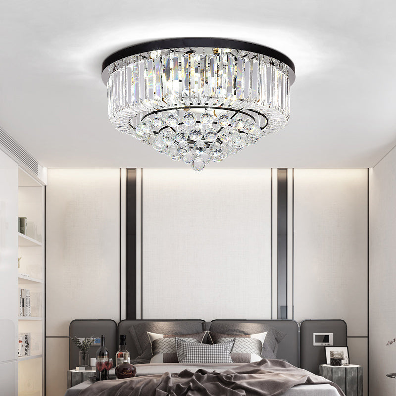 Minimalist Cone Shape Flush Light Clear Cut Crystal Bedroom Ceiling Mount Light in Black