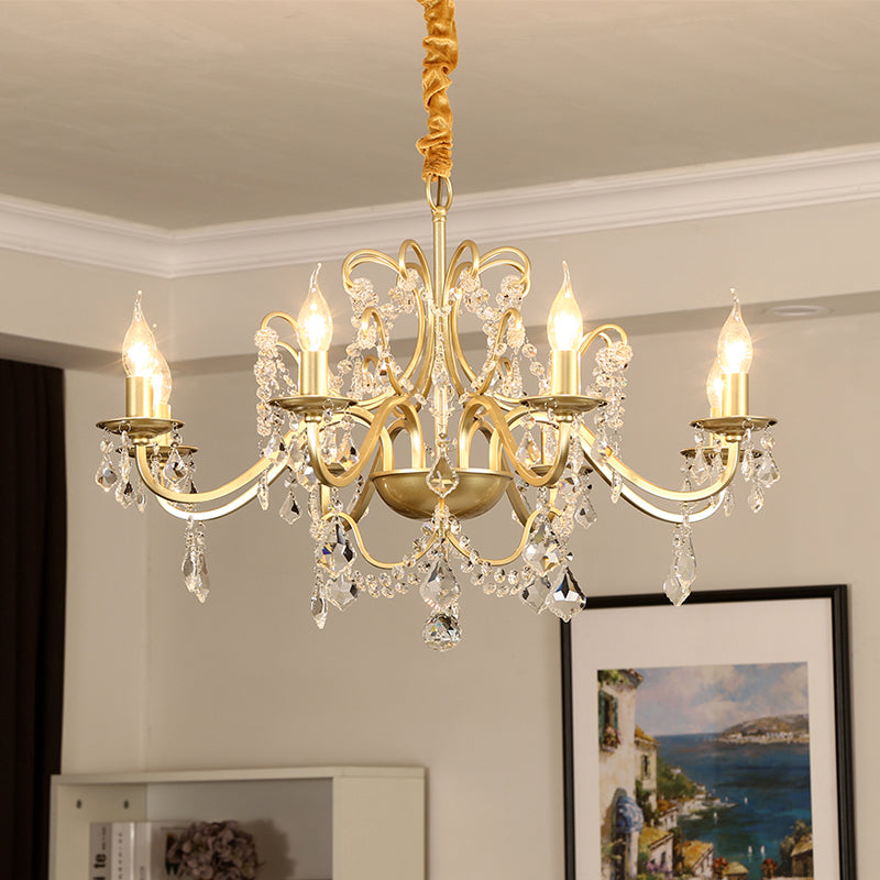 Luz de la vela de acabado dorado Luz de comedor de cristal tradicional accesorio de iluminación suspendida
