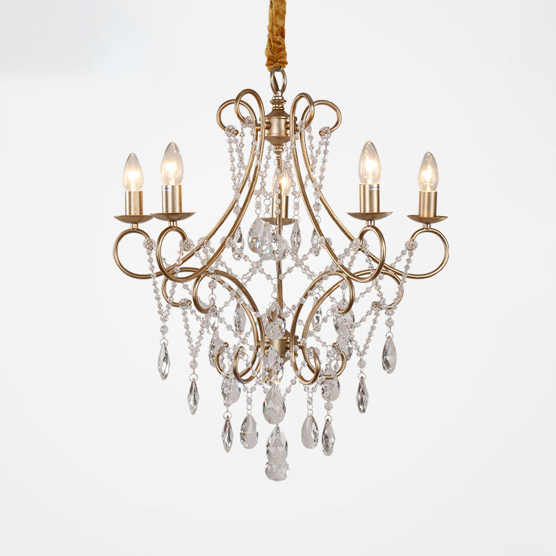 Gold Finish Ceiling Hang Light Vintage Metal Candlestick Chandelier with Crystal Strand