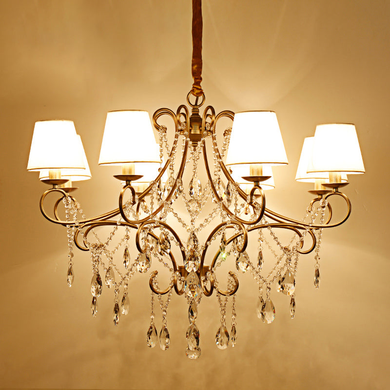 Gold Finish Ceiling Hang Light Vintage Metal Candlestick Chandelier with Crystal Strand