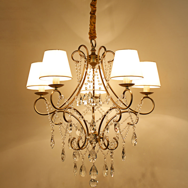 Gold Finish Ceiling Hang Light Vintage Metal Candlestick Chandelier with Crystal Strand