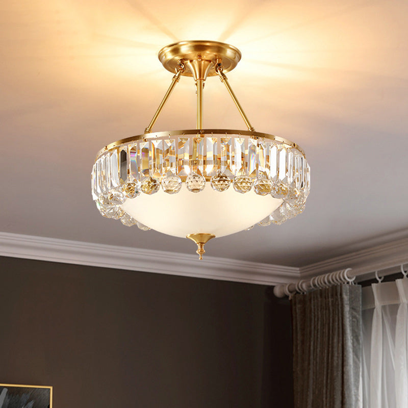 K9 Crystal Flushmount Ceiling Lamp Vintage Gold Bowl Shaped Dining Room Flush Light with Opal Glass Diffuser