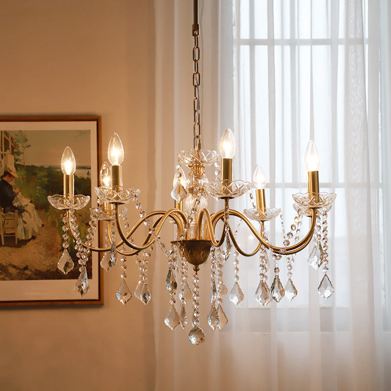 Faux Candle Hanging Pendant Light Rural Gold Metal Chandelier with Clear Crystal Strand