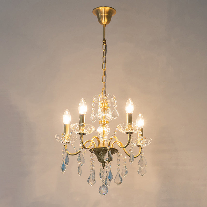 Faux Candle Hanging Pendant Light Rural Gold Metal Chandelier with Clear Crystal Strand