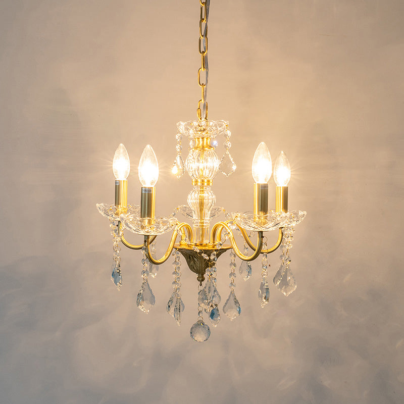 Faux Candle Hanging Pendant Light Rural Gold Metal Chandelier with Clear Crystal Strand