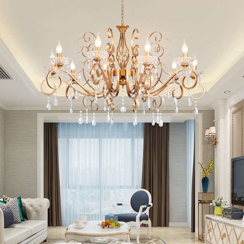 Brass Finish Candle Chandelier Retro Metal Living Room Pendant Lamp with Swirled Arm