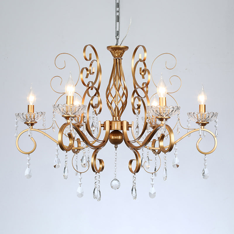 Brass Finish Candle Chandelier Retro Metal Living Room Pendant Lamp with Swirled Arm