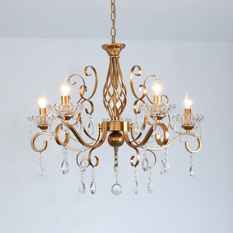 Brass Finish Candle Chandelier Retro Metal Living Room Pendant Lamp with Swirled Arm