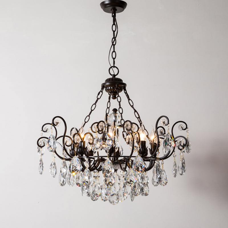 Swirling Chandelier Light Antique Metal Suspended Lighting Fixture with Crystal Droplet