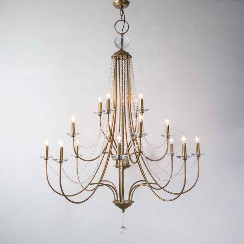 Country Style Candlestick Chandelier Metallic Hanging Light Kit with Crystal Strand