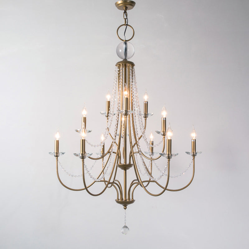 Country Style Candlestick Chandelier Metallic Hanging Light Kit with Crystal Strand
