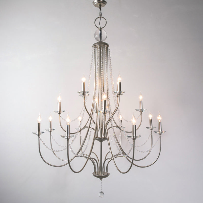 Country Style Candlestick Chandelier Metallic Hanging Light Kit with Crystal Strand