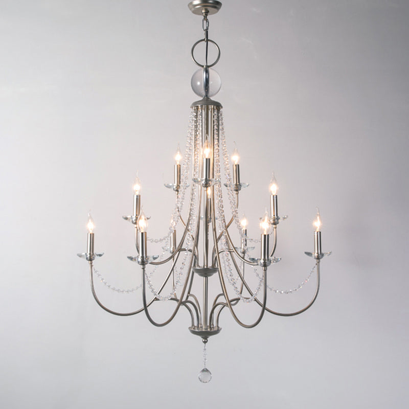 Country Style Candlestick Chandelier Metallic Hanging Light Kit with Crystal Strand