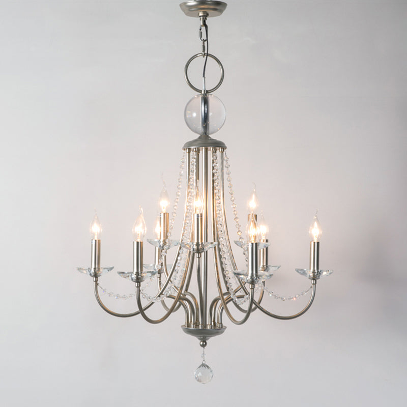 Country Style Candlestick Chandelier Metallic Hanging Light Kit with Crystal Strand