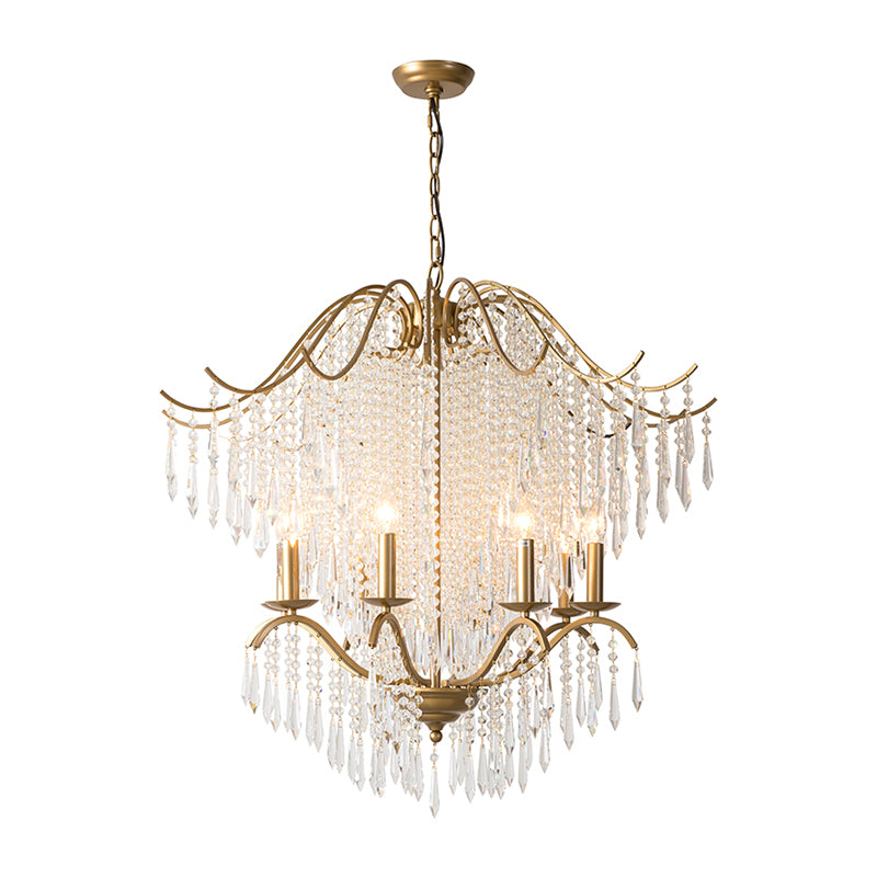 Candle Chandelier Light Fixture Traditional Gold Clear Crystal Tassel Hanging Light Fixture