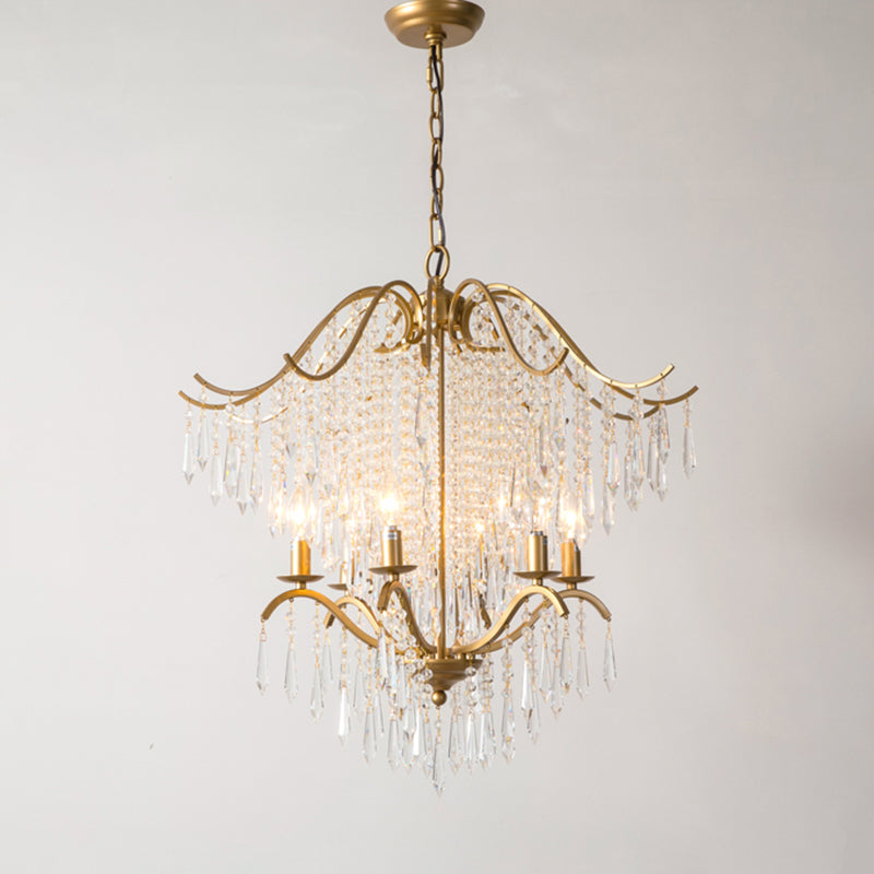 Candle Chandelier Light Fixture Traditional Gold Clear Crystal Tassel Hanging Light Fixture