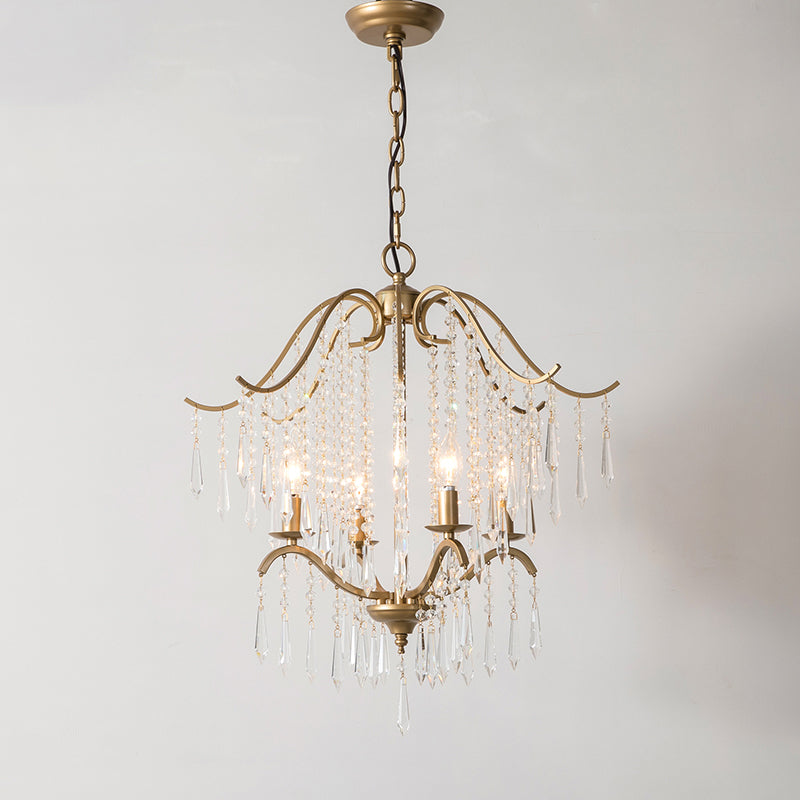 Candle Chandelier Light Fixture Traditional Gold Clear Crystal Tassel Hanging Light Fixture