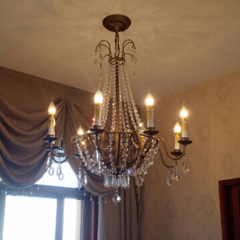 Bronze Finish Candle Chandelier Countryside Metal Living Room Ceiling Light with Crystal Drape