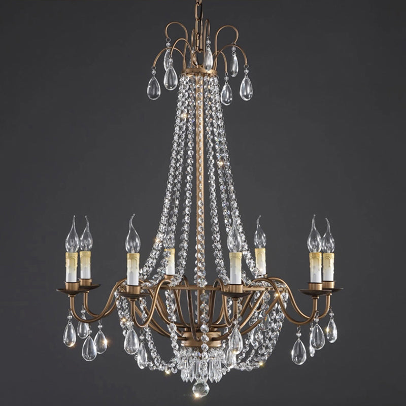 Bronze Finish Candle Chandelier Countryside Metal Living Room Ceiling Light with Crystal Drape