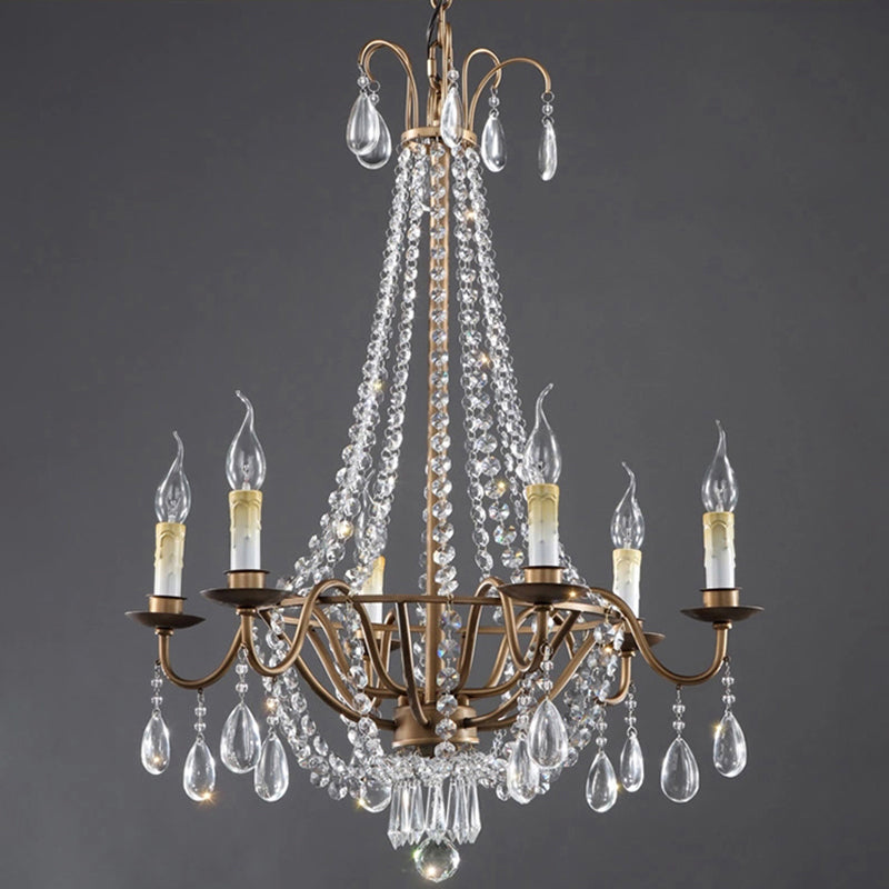Bronze Finish Candle Chandelier Countryside Metal Living Room Ceiling Light with Crystal Drape