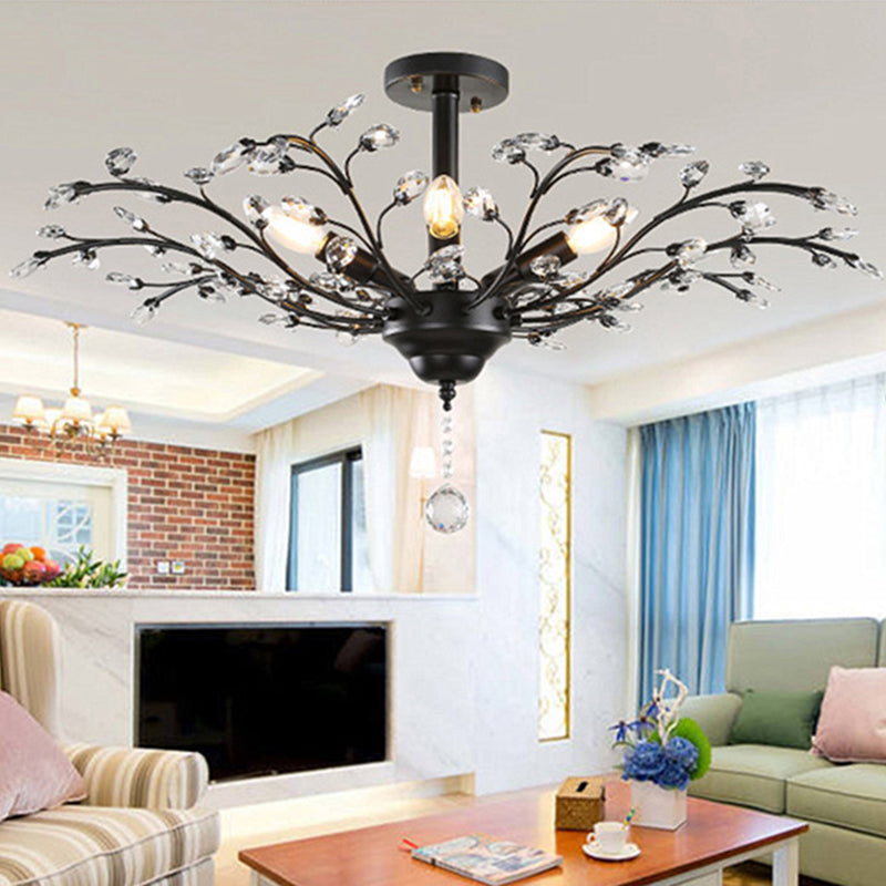 Twig Shaped Ceiling Hang Lamp Farm Style Beveled-Cut Crystal Chandelier for Living Room