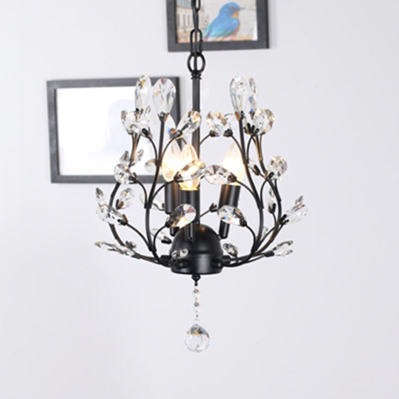 3-Bulb Branch Shaped Hanging Lamp Rural Beveled Crystal Ceiling Chandelier for Foyer