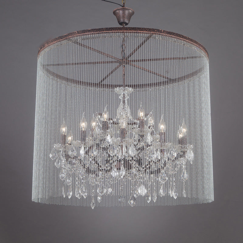 Crystal Candelabra Chandelier Retro 15 Heads Living Room Ceiling Light in Rust with Tassel Chain