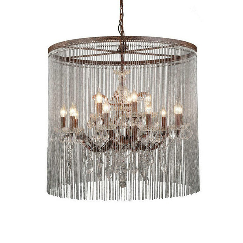 Crystal Candelabra Chandelier Retro 15 Heads Living Room Ceiling Light in Rust with Tassel Chain