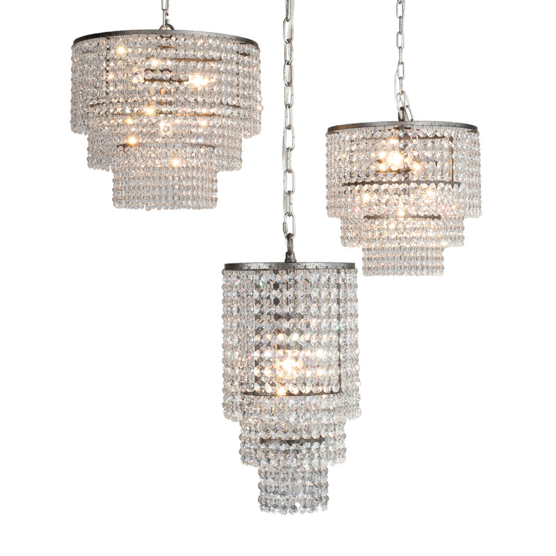 Chrome Tiered Round Chandelier Pendant Rustic Crystal Strand Living Room Hanging Light