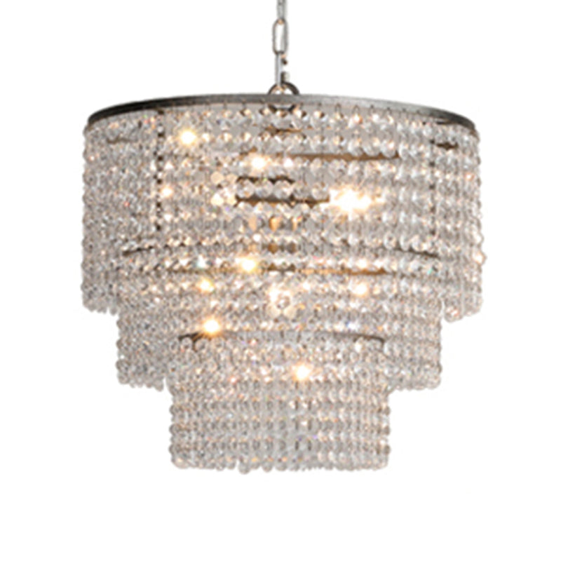 Chrome Tiered Round Chandelier Pendant Rustic Crystal Strand Living Room Hanging Light