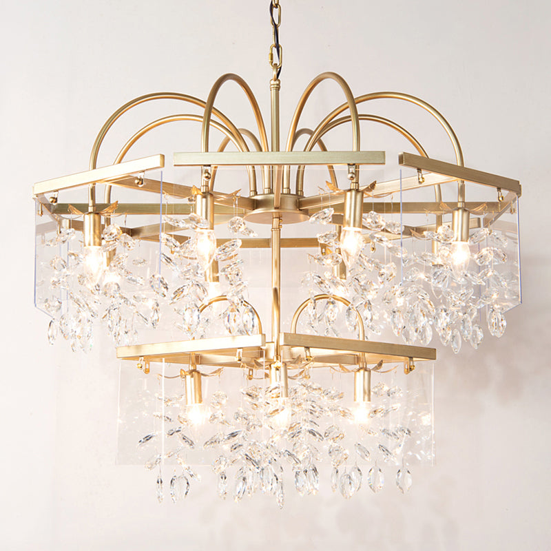 Gold Geometric Shaped Chandelier Antique Metal Dining Room Hanging Lighting with Crystal Drops