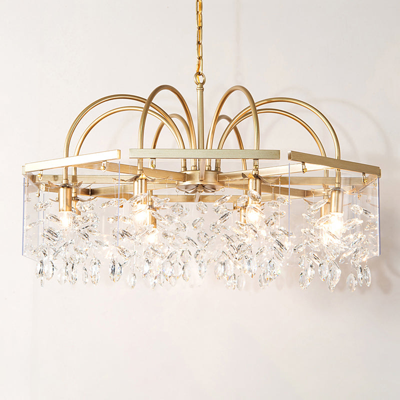 Gold Geometric Shaped Chandelier Antique Metal Dining Room Hanging Lighting with Crystal Drops