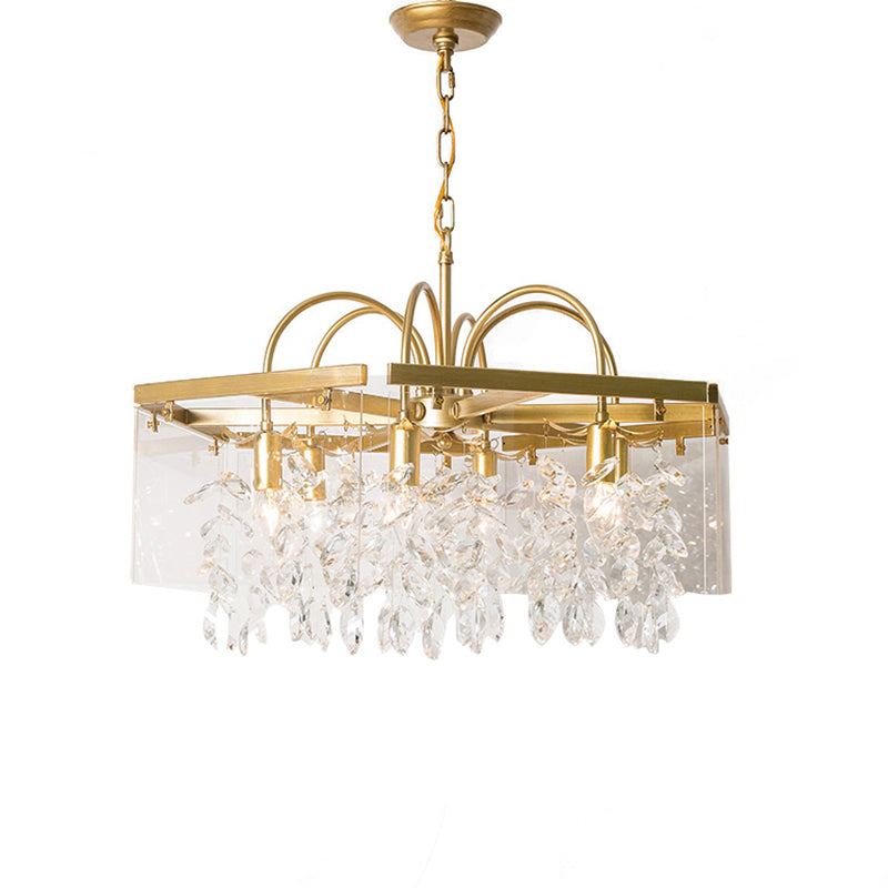 Gold Geometric Shaped Chandelier Antique Metal Dining Room Hanging Lighting with Crystal Drops