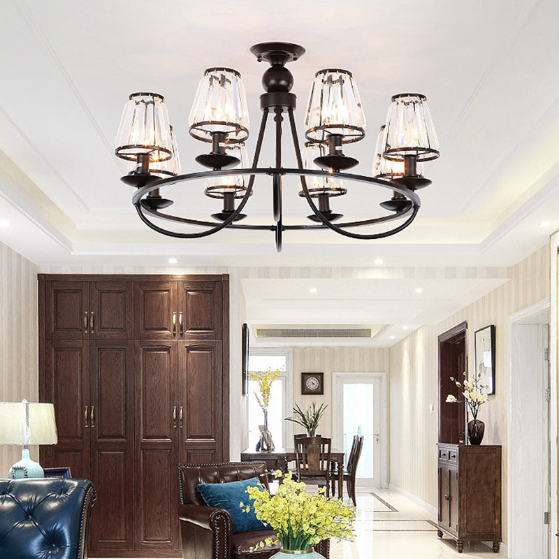 Black Conic Ceiling Suspension Lamp Traditional Cut-Crystal Dining Room Chandelier