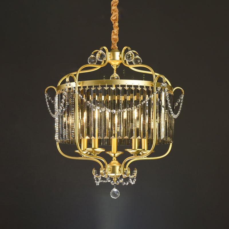 Candle Ceiling Chandelier Retro Prismatic Crystal Hanging Lamp with Scroll Frame