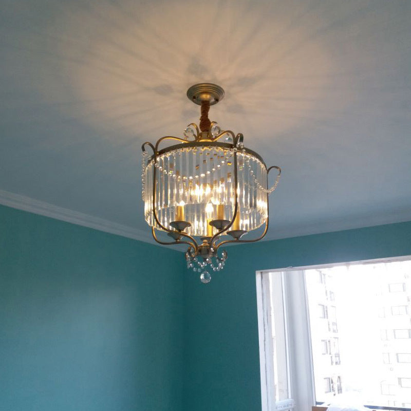 Candle Ceiling Chandelier Retro Prismatic Crystal Hanging Lamp with Scroll Frame