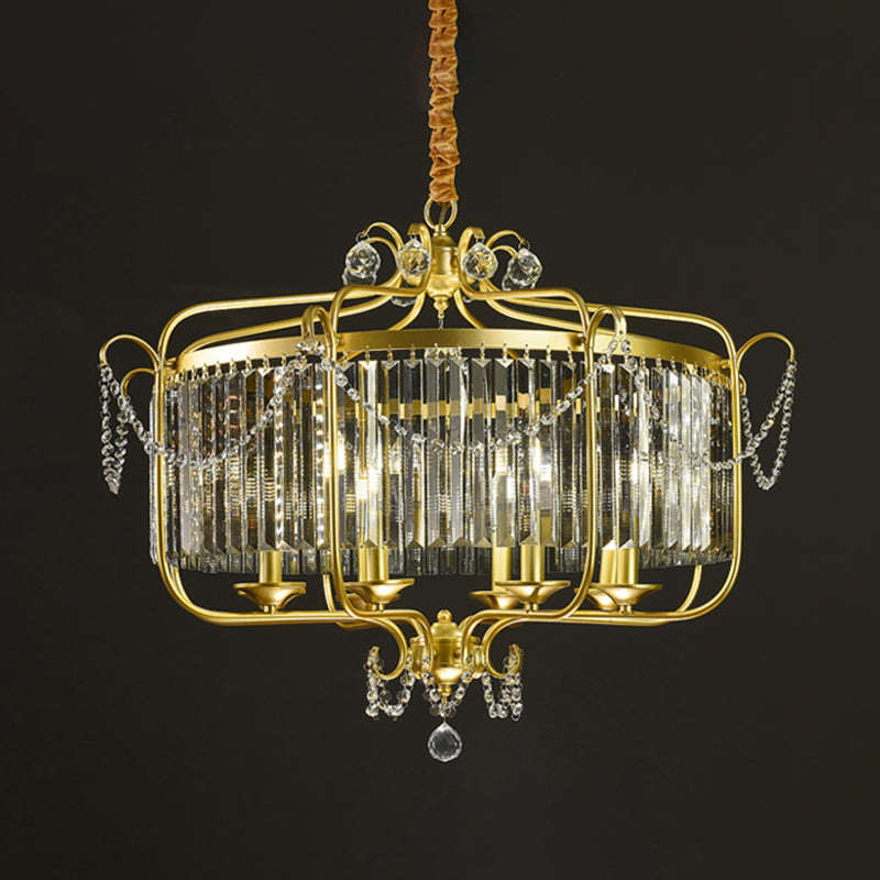 Candle Ceiling Chandelier Retro Prismatic Crystal Hanging Lamp with Scroll Frame